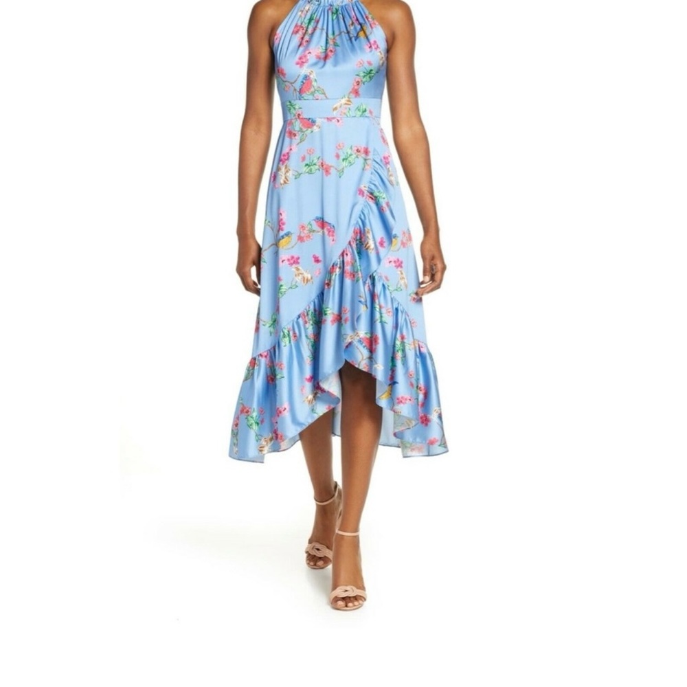 Eliza J Flounce Hem Halter Faux Wrap Dress